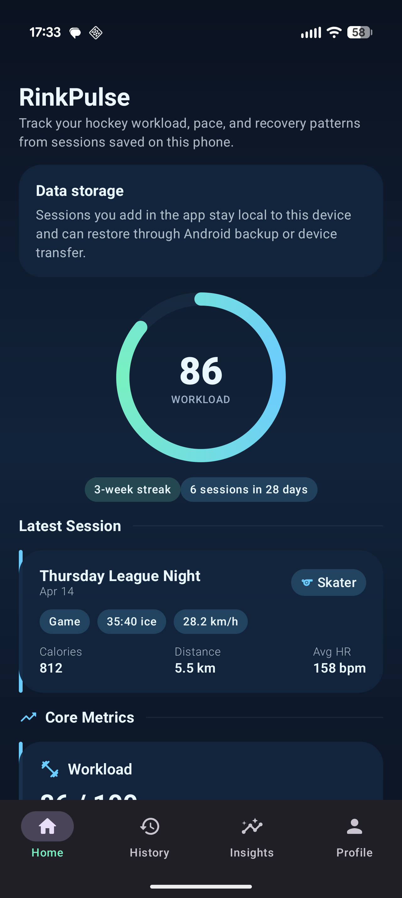 RinkPulse Android Companion home screen